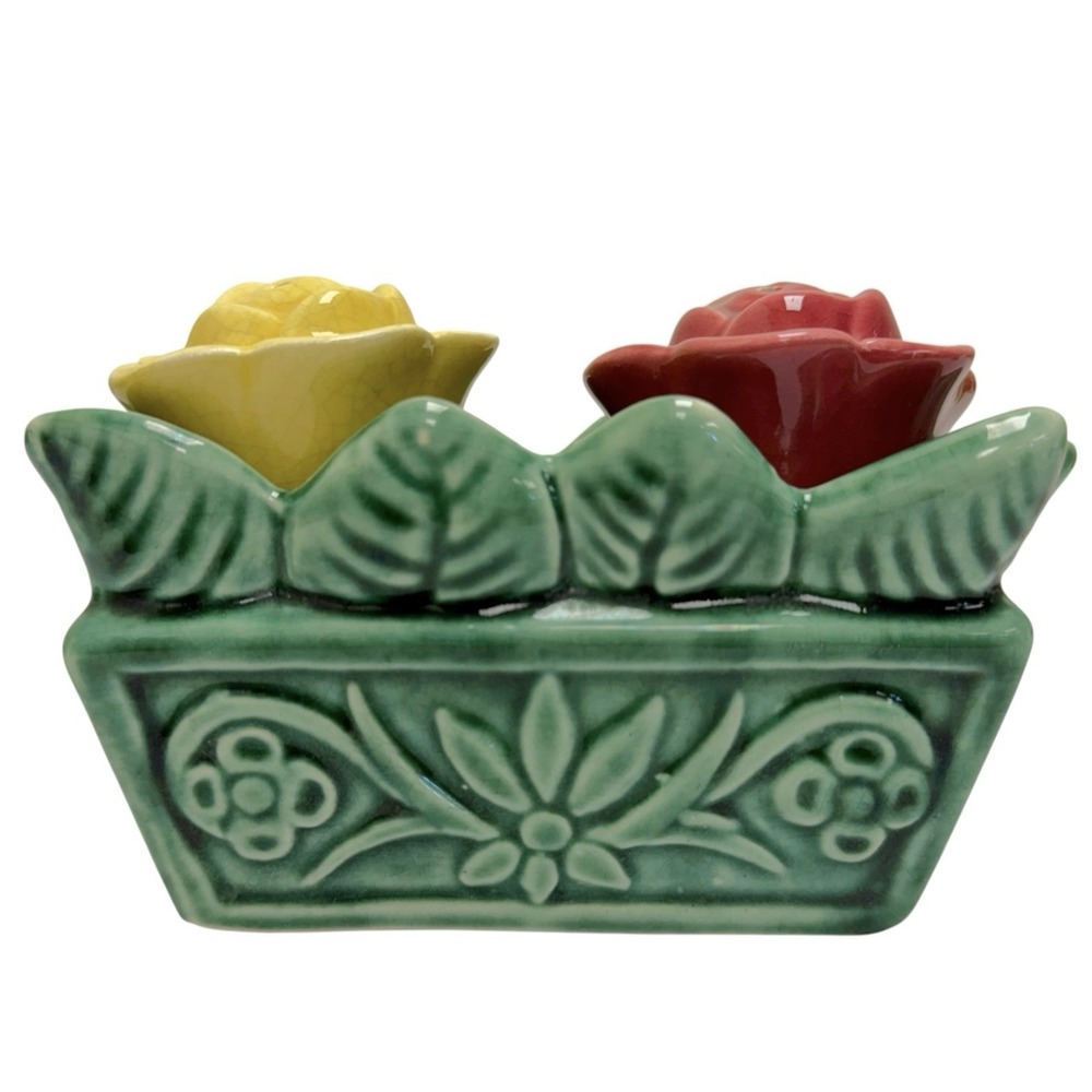 Vintage Ceramic Rose Bud Floral Salt & Pepper Shaker Set W/ Base & Stopper MCM